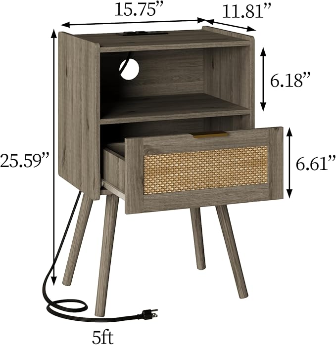 Rattan Nightstand with Outlet,Modern Bedside Table with Storage Drawer and Open Wood Shelf, for Living Room, Bedroom and Small Spaces, Accent Night Stand with Solid Wood Legs,Grey Oak-Ruum Studio Home