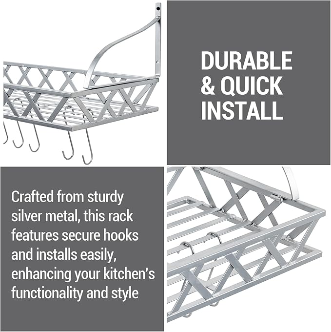 MyGift Wall Mounted Silver-Tone Metal Hanging Kitchen Pots, Pans and Utensils Storage Cookware Rack with 12 Removable S-Hooks and Top Display Shelf for Condiments Spice Rack-Ruum Studio Home