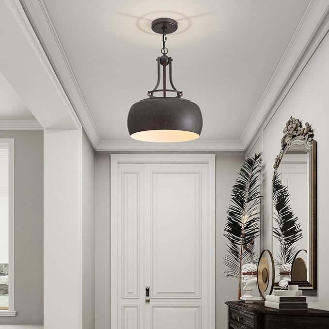 WUZUPS Chandelier Rustic Farmhouse Industrial Round Ceiling Pendant LED Light Fixture with Open Bottom Drum Shade, H 15.7" x W 13.4", Distressed Rust-Ruum Studio Home
