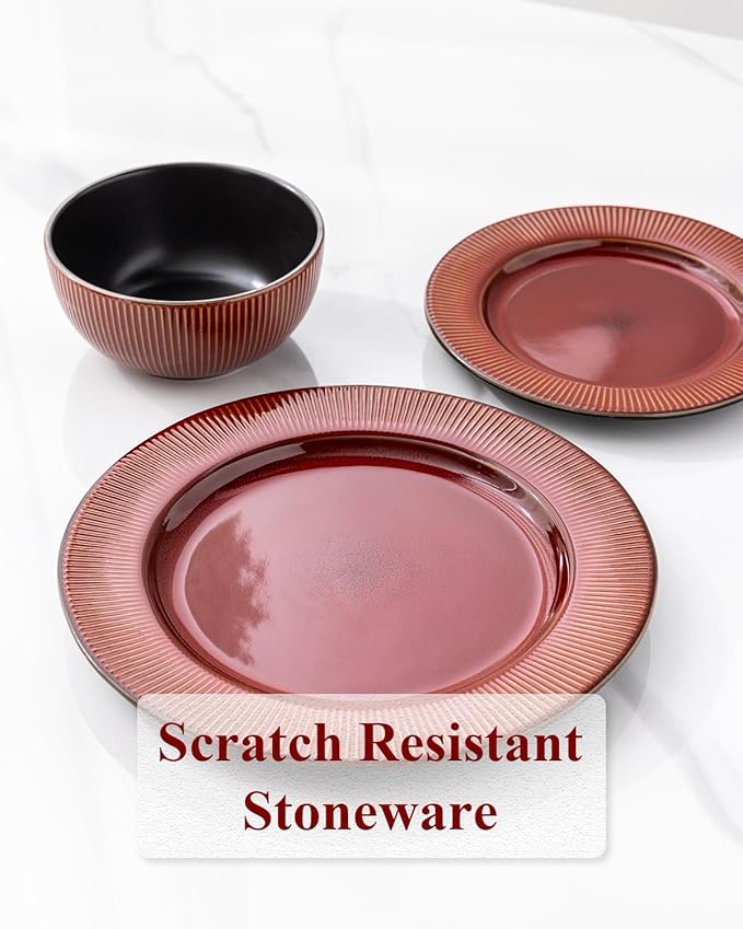 GBHOME Ceramic Dinnerware Sets,12 pcs Embossed Elegant Stoneware Plates and Bowls Sets, Housewarming Wedding Gift | Dishwasher & Microwave Safe | Dishes Set Service for 4-Ruum Studio Home