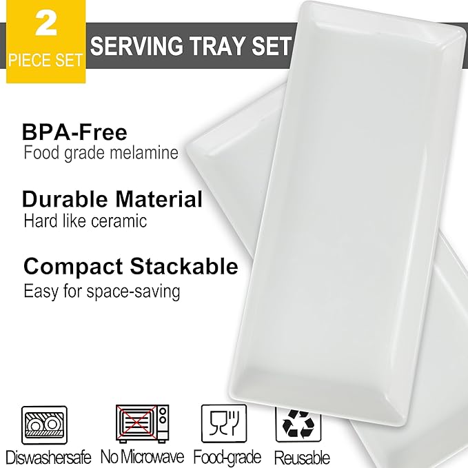 Long Melemine Serving Tray, 17.3x8x1.5 in Serving Platters and Trays for Appetizer, Charcuterie, Bread, Fruit, Dessert, Set of 2, White-Ruum Studio Home