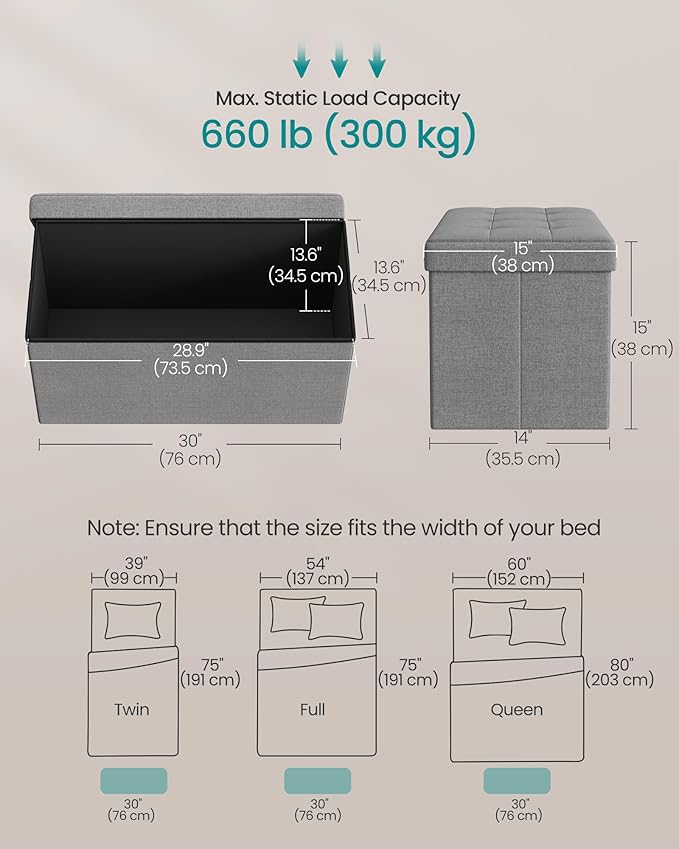 SONGMICS MAZIE Collection - 30 Inches Folding Storage Ottoman Bench, Ottoman Foot Rest, End of Bed Bench, Storage Chest, Load 660 lb, for Living Room, Bedroom, Entryway, Light Gray ULSF47G-Ruum Studio Home