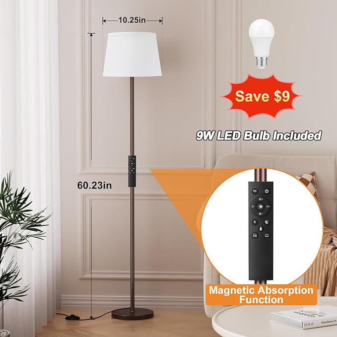【Upgraded Floor Lamps for Living Room, Modern Floor Lamp with Remote Control, Dimmable Colors Temperature Standing Lamp Foot Switch, 9W Bulb Tall Lamps for Bedroom Office Kid Room - Brown-Ruum Studio Home