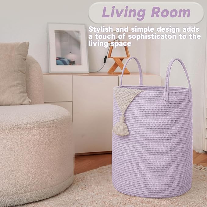 Large Woven Laundry Basket Hamper,60L Cotton Rope Storage Bin for Blankets,Toys and Clothes,Decorative Tall Nursery Hamper for Living Room,Baby Nursery,Bathroom and Bedroom,Purple-Ruum Studio Home