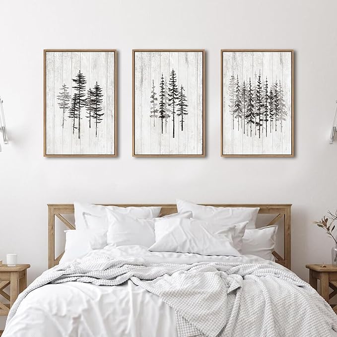 HPINUB Woodcut Style Pine Tree Framed Canvas Wall Art Set, Minimalist Modern Black and White Forest Wall Decor, Rustic Minimalist Canvas Painting for Living Room,Bedroom,Office Decor-16 x24 x3-Ruum Studio Home