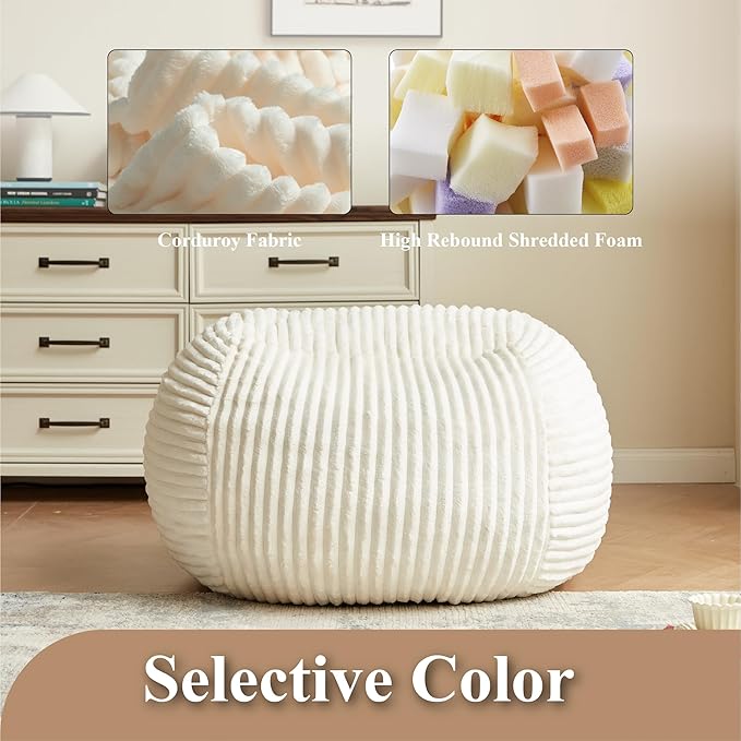 Premium Beige Bean Bag Chair for Adults with Armrest- Ultra Plush Memory Foam Lounge Sofa & Comfy Reading Nook Chair for Bedroom, Living Room & Dorm (White, 4FT)-Ruum Studio Home