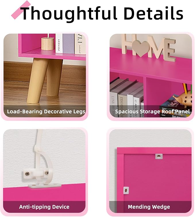 LEYAOYAO 10 Cube Bookshelf,3 Tier Modern Wide Bookcase with Legs,Mid-Century Wood Bookshelves Storage，Pink Large Book Case,Freestanding Organizer Display Shelf for Bedroom,Living Room,Office-Ruum Studio Home