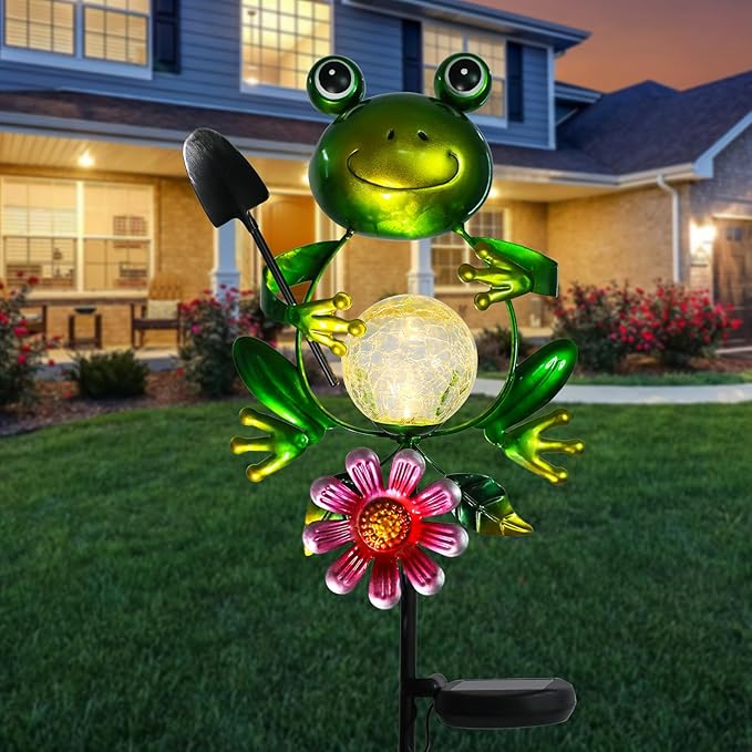 Afirst Solar Lights Outdoor Decorative Metal Frog Crackle Glass Globe Warm White LED Metal Waterproof Garden Stake Lights for Walkway Pathway Lawn Patio Yard Decorations-Ruum Studio Home