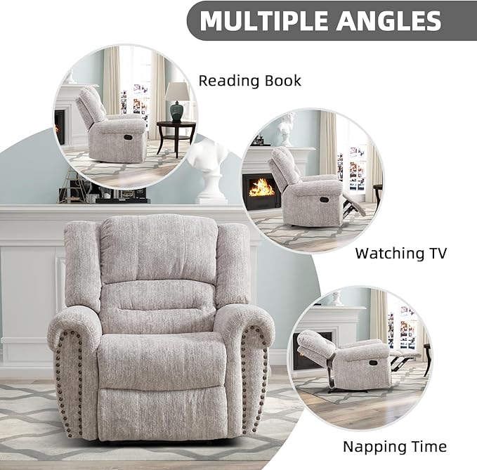 CANMOV Manual Recliner Chair, Classic and Traditional Manual Recliner Chair with Comfortable Arms and Back Single Sofa for Living Room, White Grey-Ruum Studio Home