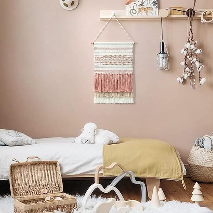Dremisland Macrame Woven Wall Hanging Home Decor Bohemian Beige Geometric Wave Art Decor with Wool Ball and Tassle-Elegant Apartment Bedroom Dorm Room Door Decoration (Pink Line)-Ruum Studio Home