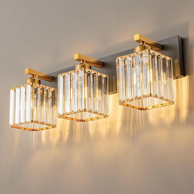 Modern Bathroom Vanity Light 3-Lights Black Gold Crystal Bathroom Wall Light Vanity Light Fixtures，20.47-inch Modern Minimalist Design-Ruum Studio Home