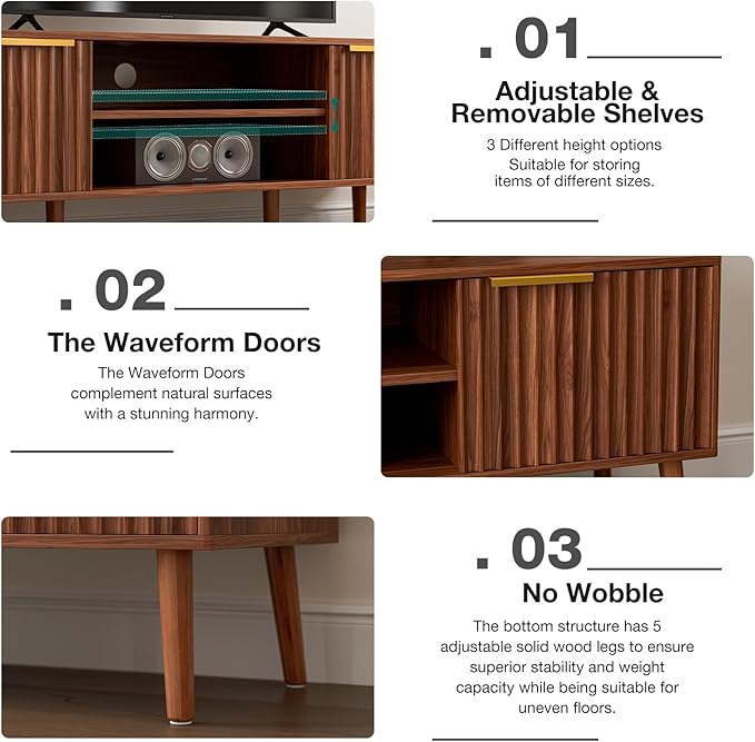 TV Stand for Living Room, Mid Century Modern Entertainment Center for 55/60/65 inch TVs, TV Console with Fluted Door Cabinets and Open Shelves, for Bedroom, Walnut-Ruum Studio Home