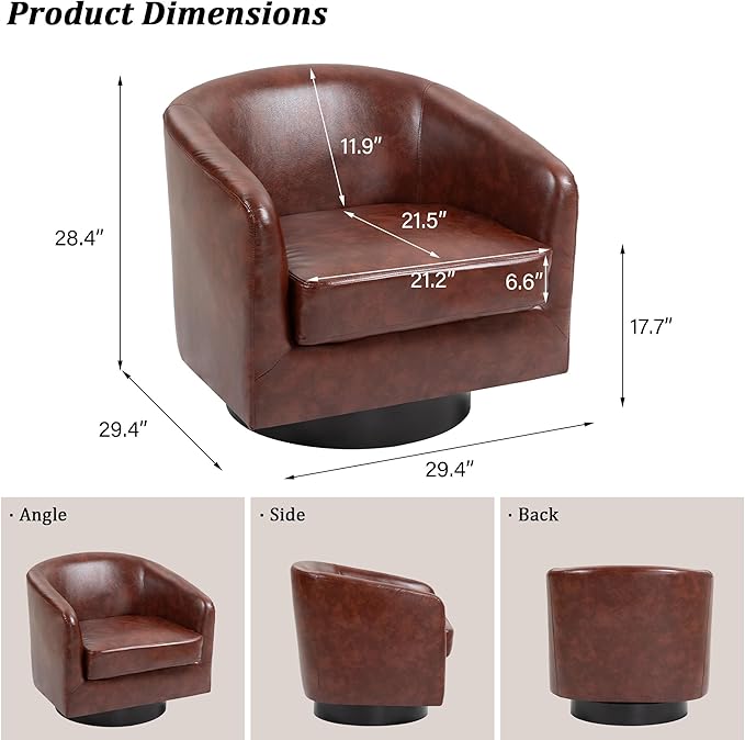 Swivel Barrel Accent Chair, Modern Round Faux Leather Arm Chair for Living Room, Bedroom, Comfy Club Reading Chairs for Adults(Faux Leather, Red Brown, Set of 1)-Ruum Studio Home