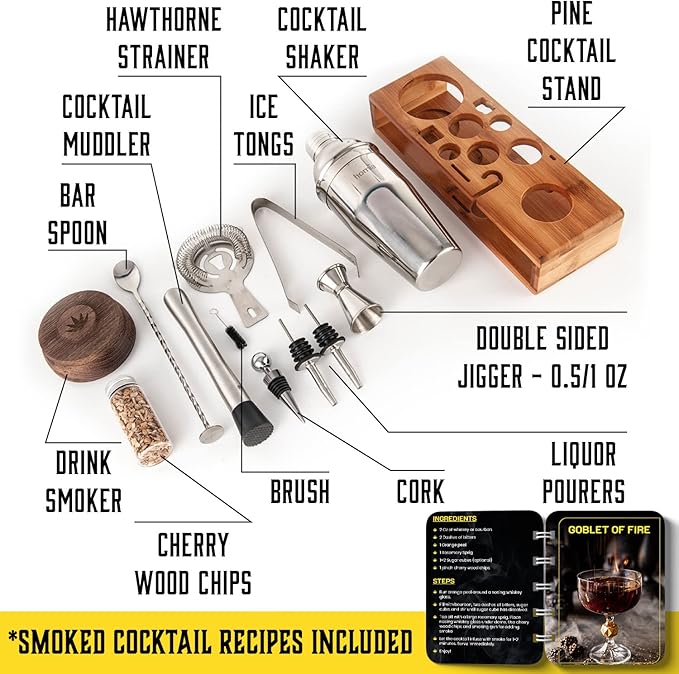 Bartender Kit with Whiskey Smoker - 13 pcs, Bamboo Stand - Bar Set with Cocktail Shaker, Bartending Kit with Essential Bar Accessory Tools, Wood Chips, Steel-Ruum Studio Home