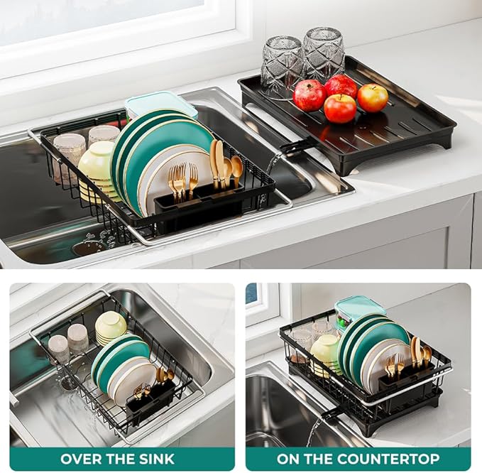 Expandable Dish Drying Rack in Sink, Adjustable Stainless Steel Rustproof Grip Handles Dish Rack Over The Sink, Dish Strainer with Drying Tray & Utensil Holder-Ruum Studio Home