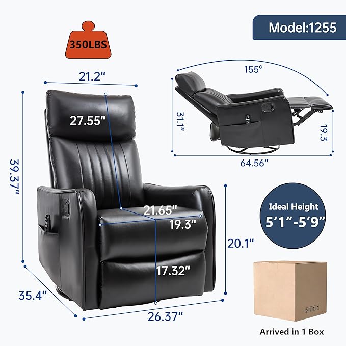 Manual Swivel Rocker Recliner Chair for Adults, Overstuffed Reclining Glider Chair for Nursing with Vibration Massage & Heat, Living Room Rocking Recliner 2-Stage backrest, Faux Leather Black-Ruum Studio Home