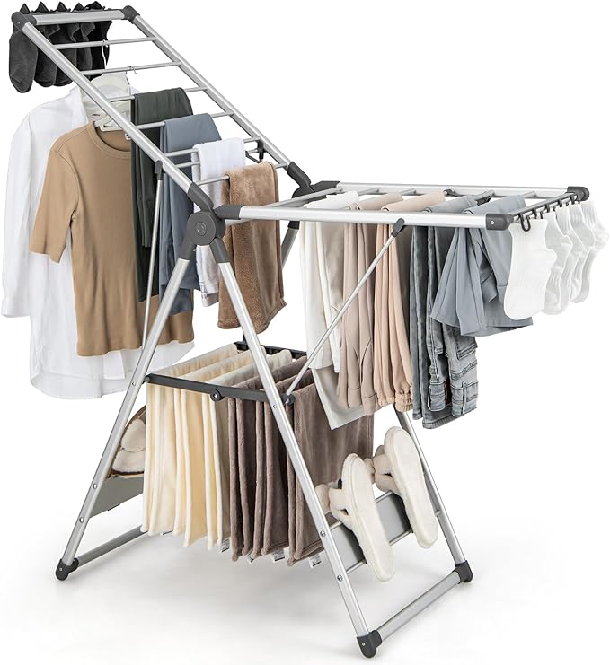 Giantex Clothes Drying Rack, 2-Layer Aluminum Foldable Laundry Drying Rack with 5-Level Adjustable Height, 21 Drying Rails, 10 Side Clips, 4 Shoe Holders, Space Saving Collapsible Laundry Drying Rack-Ruum Studio Home