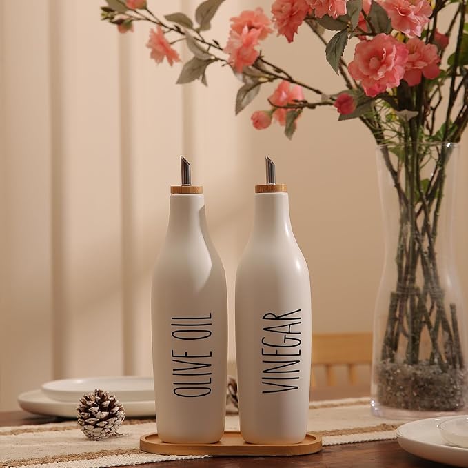 HOMCDALY Olive Oil and Vinegar Dispenser Set, 16oz Ceramic Oil Dispenser for Kitchen, Kitchen Dispenser Bottle for EVOO Vinegar Syrups, Modern Farmhouse Design | Set of 2 – P-White-Ruum Studio Home