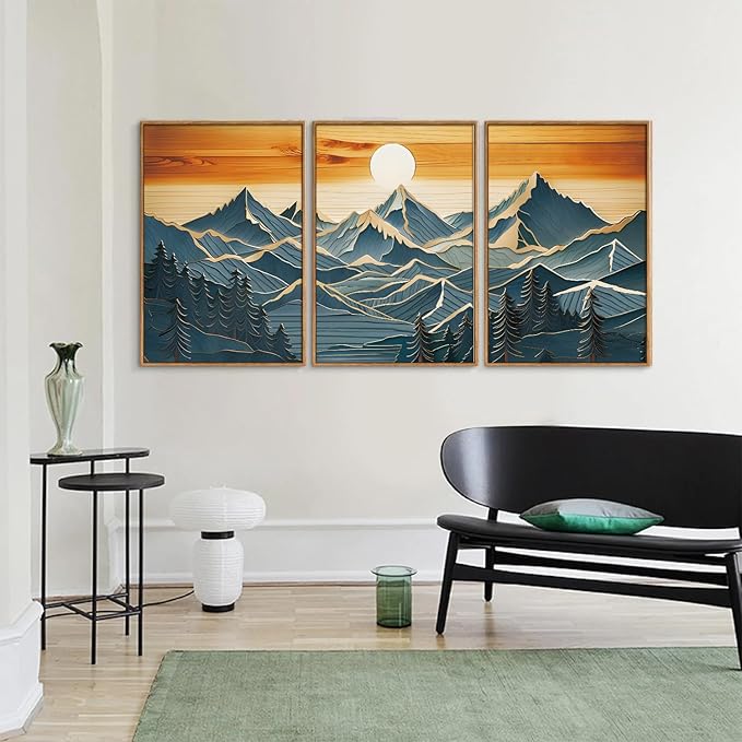Tinonedraw Vintage Mountain Framed Canvas Wall Art Set of 3, Boho Nature Wilderness Art Prints, Mid Century Modern Ridge Scenery Wall Decor, Sunrise Forest Woodcut Style Art Paintings for Living Room Bedroom, Office 16"x24"-Ruum Studio Home