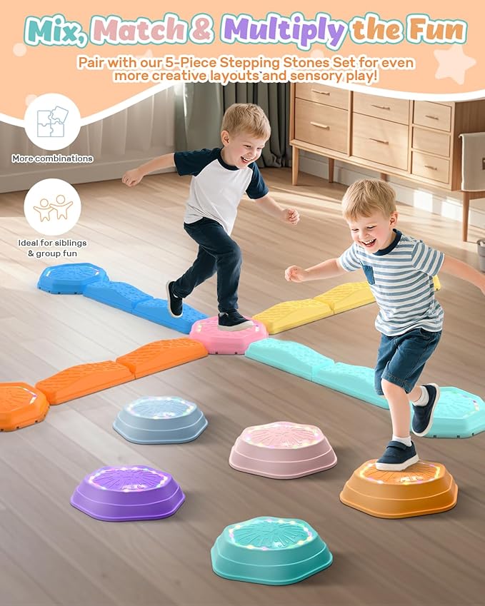 Holyton Music Light Up Balance Beam and Toddler Stepping Stones 13 Pieces, Non-Slip Plastic Balance Stackable Stepping Stones for Kids, Sensory Toys for Toddlers, Indoor or Outdoor Play, Easy Storage-Ruum Studio Home