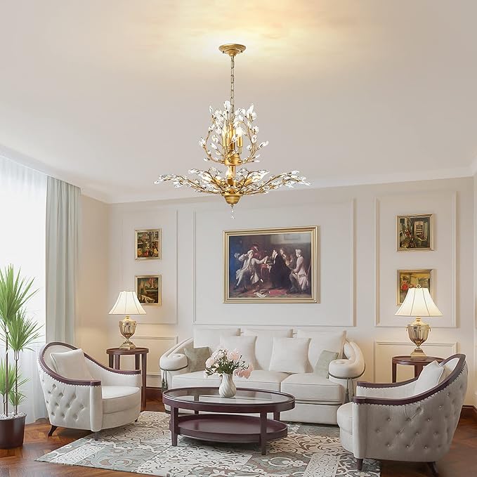 Ganeed Crystal Chandeliers,Vintage Pendant Lighting Crystal Chandelier Lighting Fixtures with 8 Lights,Ceiling Light Fixture for Living Room Bedroom Restaurant Porch Hallway (Gold)-Ruum Studio Home