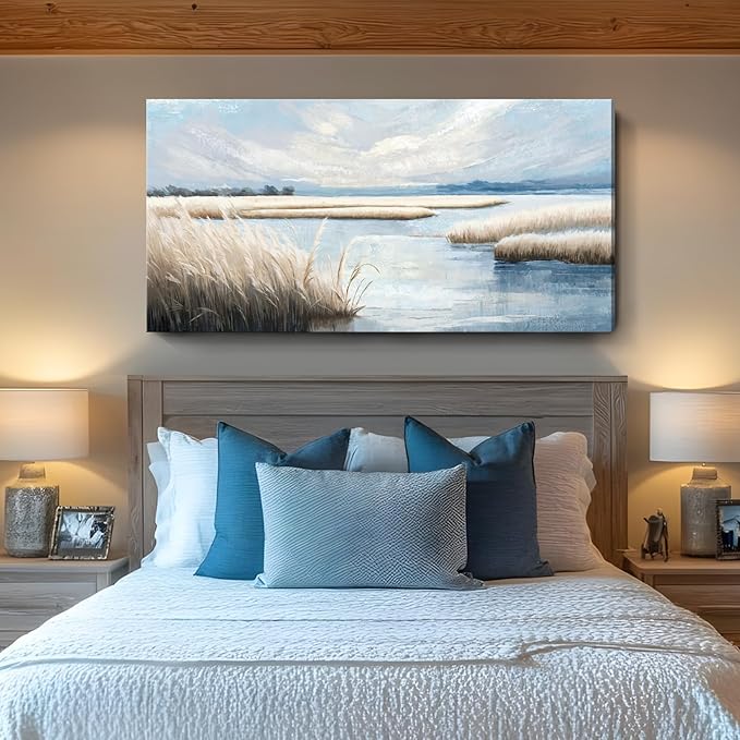 amatop Large Coastal Wall Art Abstract Landscape Beach Ocean Marsh Canvas Print Calming Soft Blue and Beige Wetland Picture Minimalist Neutral Nature Artwork for Bedroom Living Room Office 48x24-Ruum Studio Home