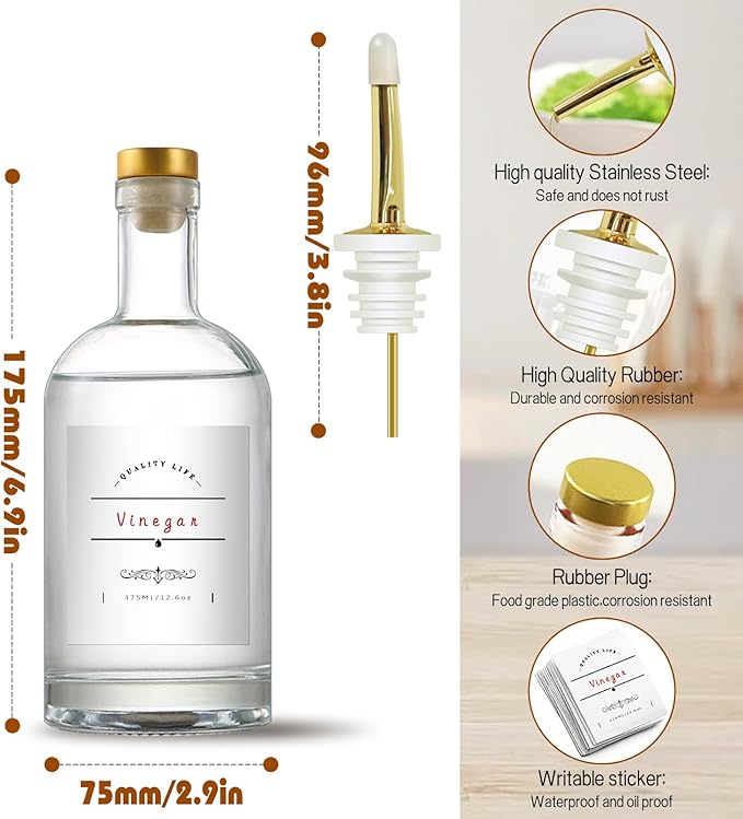 Olive Oil Dispenser Bottle for Kitchen, Clear Glass Oil and Vinegar Dispenser Set, Coffee Syrup Dispenser, Container With Metal Pour Spout, Airtight Lid, Funnel, Waterproof Labels (375ml-4 Pack)-Ruum Studio Home