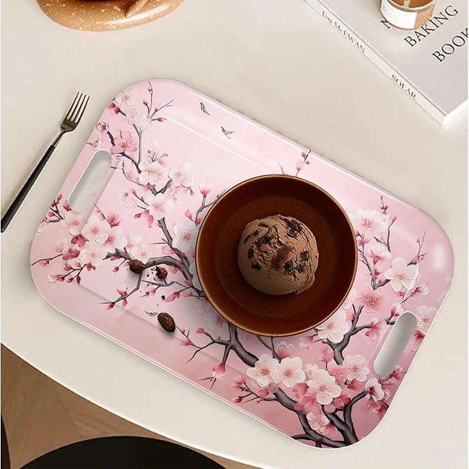 Serving Trays with Handles, 14.5 x 9.8 inch Rectangular Plastic Tray for Restaurant, Kitchen, Pink Cherry Blossom-Ruum Studio Home