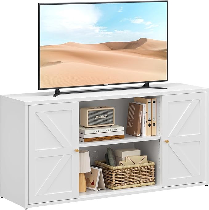 Farmhouse - Style 65 - inch Metal TV Stand: Entertainment Center with Locker, Barn - Style Doors, Adjustable Partition. Medieval Modern Media Console Table for Living Room & Bedroom (White)-Ruum Studio Home