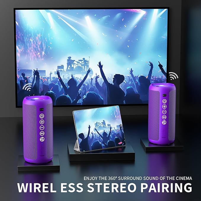 Ortizan Portable Bluetooth Speaker: IPX7 Waterproof, 24W Loud Sound, Deep Bass, Bluetooth 5.3, LED Lights, Wireless Stereo Pairing, 30H Playtime, for Home/Outdoor/Party/Beach, Birthday Gift (Purple)-Ruum Studio Home