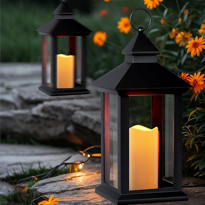 Lanterns Decorative Indoor, 1 Pack Black Outdoor Lantern with Timer, 14" Lantern Waterproof with Battery Operated Candle, Outdoor Hanging Lanterns for Porch, Patio, Wedding Decor-Ruum Studio Home