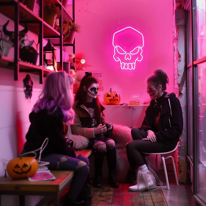 Dimmable Skull Neon Sign,Halloween Pink Neon Sign Light for Wall Decor, Skeleton LED Neon Sign for Beer Bar Bedroom Art,Skull Head Neon Lights Suitable for Computer Room, 5V USB Power 15.75 * 11.8in-Ruum Studio Home