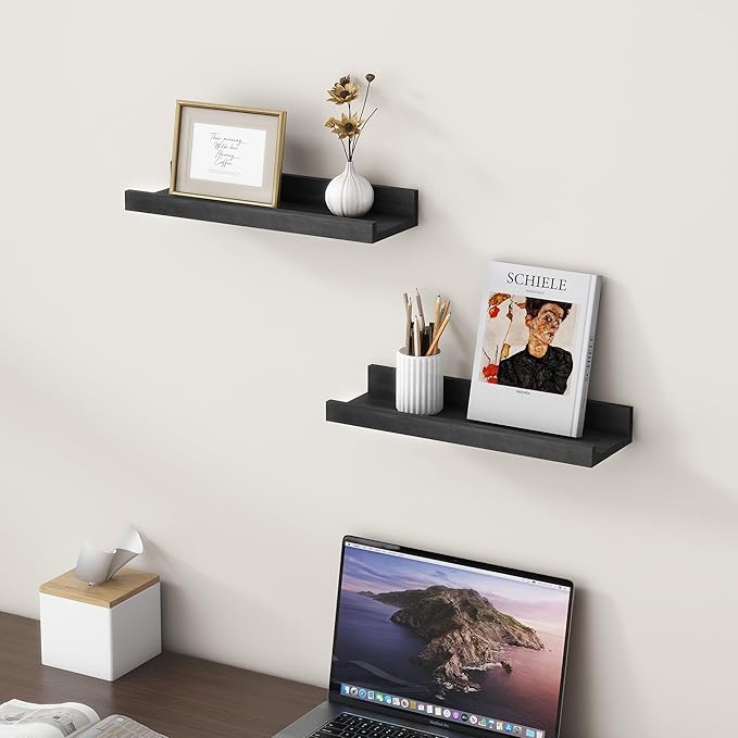 Picture Ledge Shelf for Wall, 16 inch Solid Pine Wood Nursery Book Shelves 2 Packs, Floating Ledge Shelves for Kids' Room Bedroom Bathroom Living Room Photo Frames Office Nursey Wall Decor, Black-Ruum Studio Home