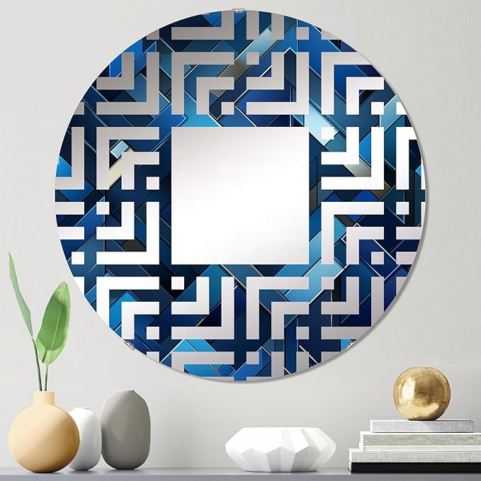 Symmetric Cubes in Deep Cobalt Blue - Geometric Maze - 24 Inches - Round Decorative Wall Mirror for Bathroom, Bedroom, Entryway, Living Room, Vanity Room and Modern Décor-Ruum Studio Home