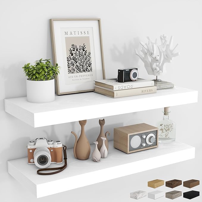 RICHFOCUS 36Inch Floating Shelves for Wall 2 Pack Shelves for Bedroom|Kitchen|Bathroom Wall Mounted Rustic Wood Floating Shelf with Invisible Brackets for Books|Storage|Decor, White-Ruum Studio Home