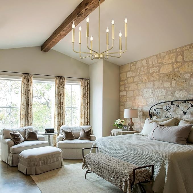 Modern Gold Farmhouse Chandeliers, 8-Light Industrial Metal Chandelier Lighting, Classic Candle Hanging Pendant Light Fixtures for Kitchen Bedroom, Dining Room, Living Room,Foyer-Ruum Studio Home