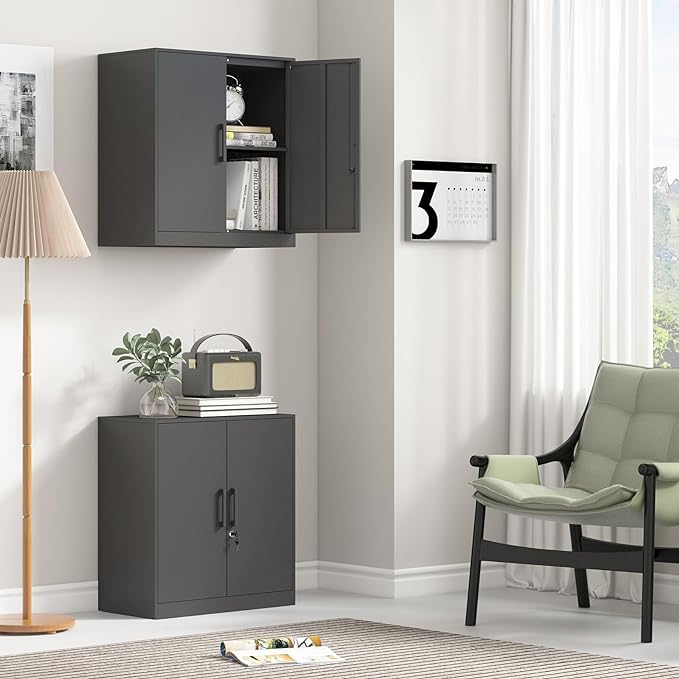 Metal Wall Cabinet,Garage Wall Cabinetwith Handle,Lockable Storage Cabinets Wall Mounted with 2 Doors,Locking Cabinet with Shelves for Basement,Living Home,Black-Ruum Studio Home
