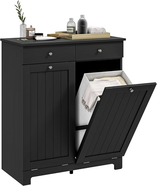 HOMCOM Laundry Hamper Cabinet with 2 Removable Baskets, Tilt Out Laundry Hamper Cabinet with 2 Drawers and 2 Beadboard Doors, Laundry Cabinet Bathroom Storage Cabinet, Black-Ruum Studio Home