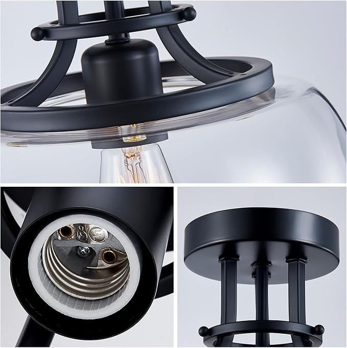 WUZUPS Chandelier Rustic Farmhouse Industrial Round Semi-flushmount Ceiling LED Light Fixture with Clear Glass Shades for Bathroom Kitchen Foyer Entryway, H 10" x W 10", E26 Base, Black-Ruum Studio Home