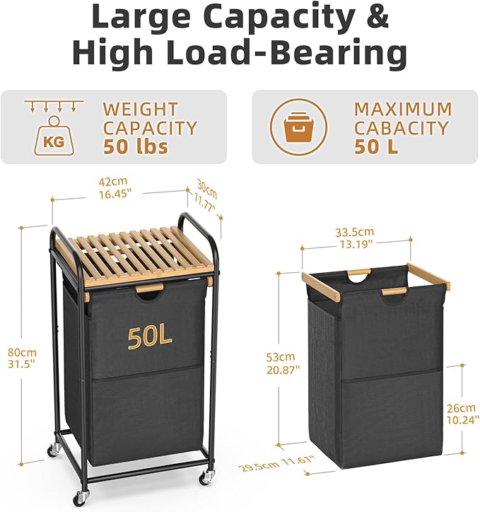 Laundry Hampers 1 Section, Laundry Sorter with Removable Shelf and Pull-Out Bags, Clothes Hampers with Wheels Rolling Cart Basket for Laundry Room Bathroom, 50 L (Black)-Ruum Studio Home