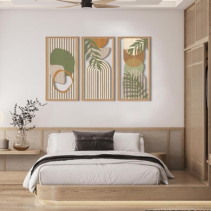 IARTTOP Large Boho Wood Wall Art Framed Mid-century Modern Wooden Wall Decor Set of 3 Green Bohemian Abstract Wall Art Decor For Bedroom Living Room Office-16 x32-Ruum Studio Home