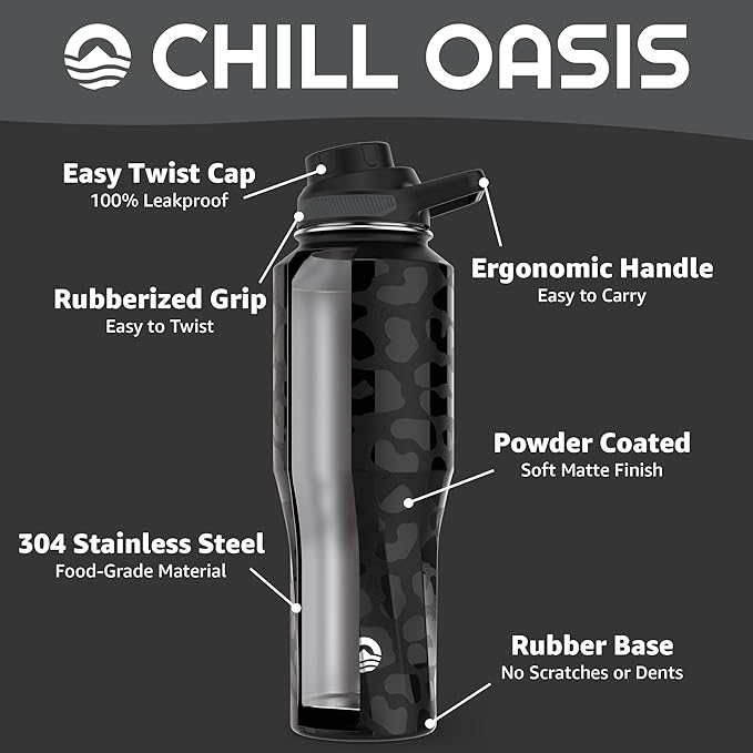 Chill Oasis Water Bottle | Compatible With Popular Flavor Cartridges | BPA Free, Leak Proof, Double-Walled Vacuum Insulated Stainless Steel, and Dishwasher Safe | Cold for 24 Hours (Leopard, 32oz)-Ruum Studio Home