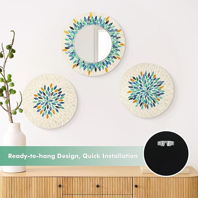 TEIPAI Jewel-Tone Mother of Pearl Mirror Wall Decor for Living Room, 3PCS Handmade Round Wall Art for Home Guest Room Decoration, Unique Mosaic Art Gift for Birthday Wedding Housewarming (Colored)-Ruum Studio Home