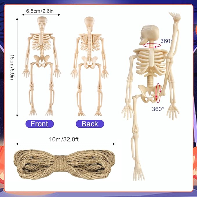 16 Pcs Halloween Mini Skeleton Figurine Decoration,6”Halloween posable Skeleton Decor,Small Plastic Skeleton Figure for Spooky Home Decor Haunted House Decorations Party Favors-Ruum Studio Home