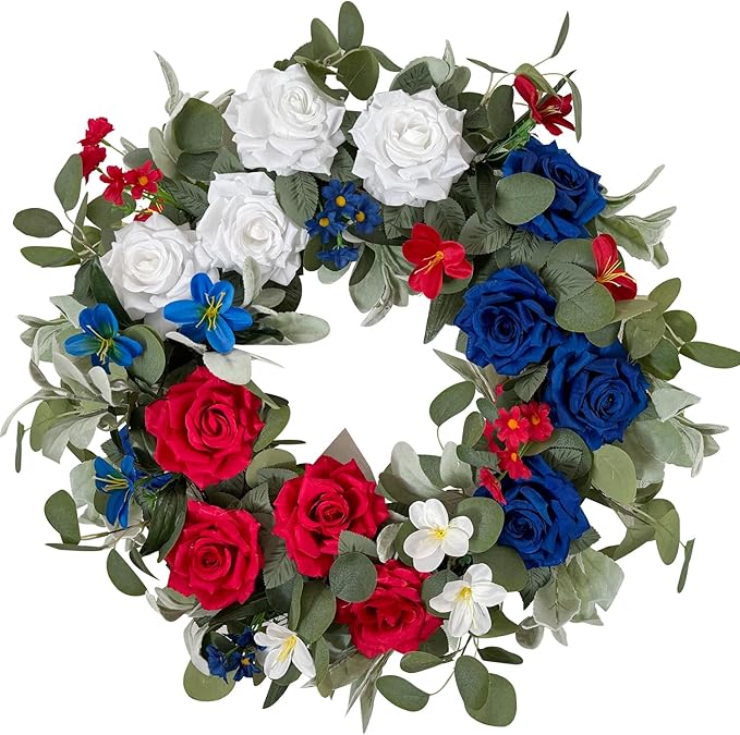 WANNA-CUL Patriotic Wreath Decorations, 24 Inch Rose 4th of July Wreaths for Front Door, Red White Blue Spring Door Wreath for Independence Day, Memorial Day for Indoor Outdoor Decor-Ruum Studio Home