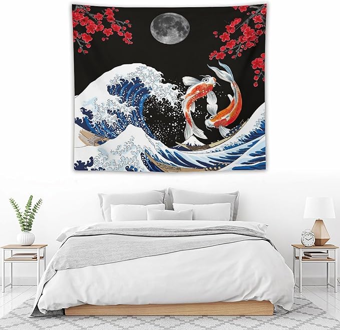Houselerax Japanese Koi Fish Tapestry, Yin Yang Big Wave Red Cherry Blossom Tapestries Wall Hanging for Bedroom Living Room Office Decor 60"x50"-Ruum Studio Home