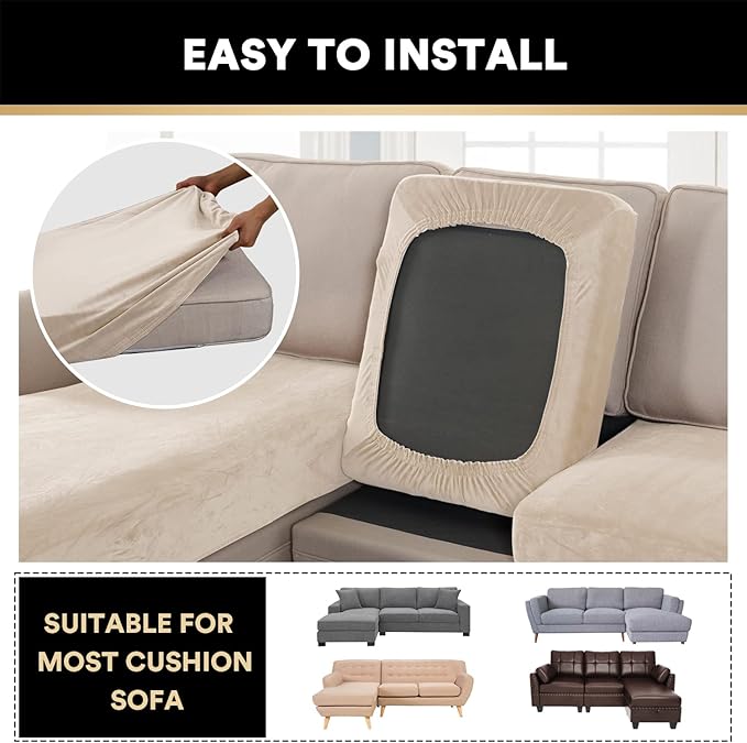 PrinceDeco Sectional Couch Covers 3 Pieces Velvet Sofa Covers L Shape Soft Couch Covers for Sectional Sofa Corner Sofa Cover Couch Cover for Dogs Washable (2 Seater + 1 Chaise,Ivory)-Ruum Studio Home