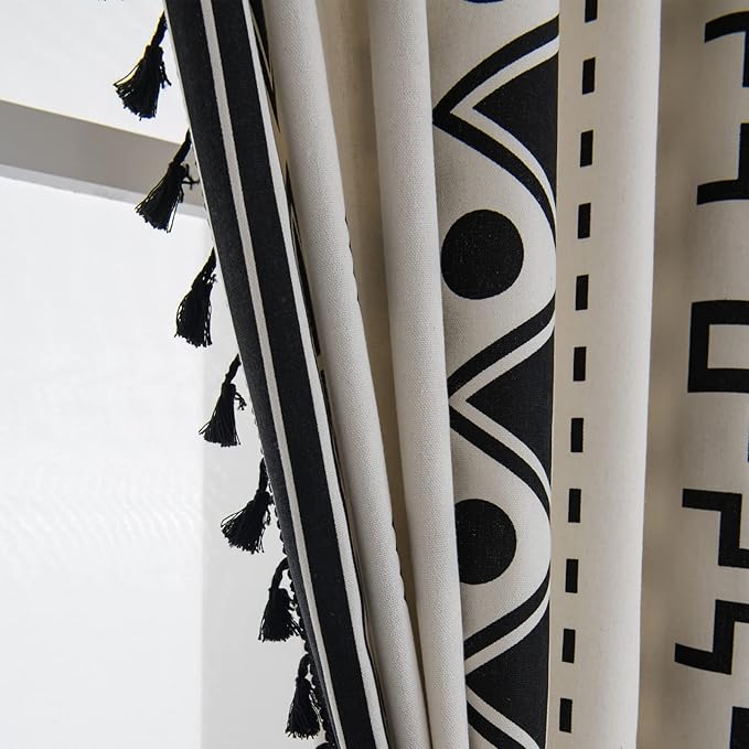 Sutuo Home Black and White Boho Curtain 84 Inches Length for Bedroom, Printed Cotton Linen Geometric Rod Pocket Chic Semi Blackout Bohemian Tassels Window Treatment, 1 Panel 59" W x 84" L-Ruum Studio Home