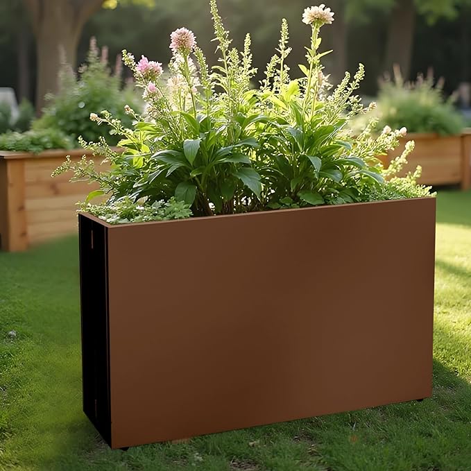 Galvanized Steel Planter Box-No Installation Required Metal Rectangular Block Long Box Planter Modern Outdoor Planters All-Weather Use with Drainage Holes for Patio/Porch, 36×24×12IN（Brown）-Ruum Studio Home