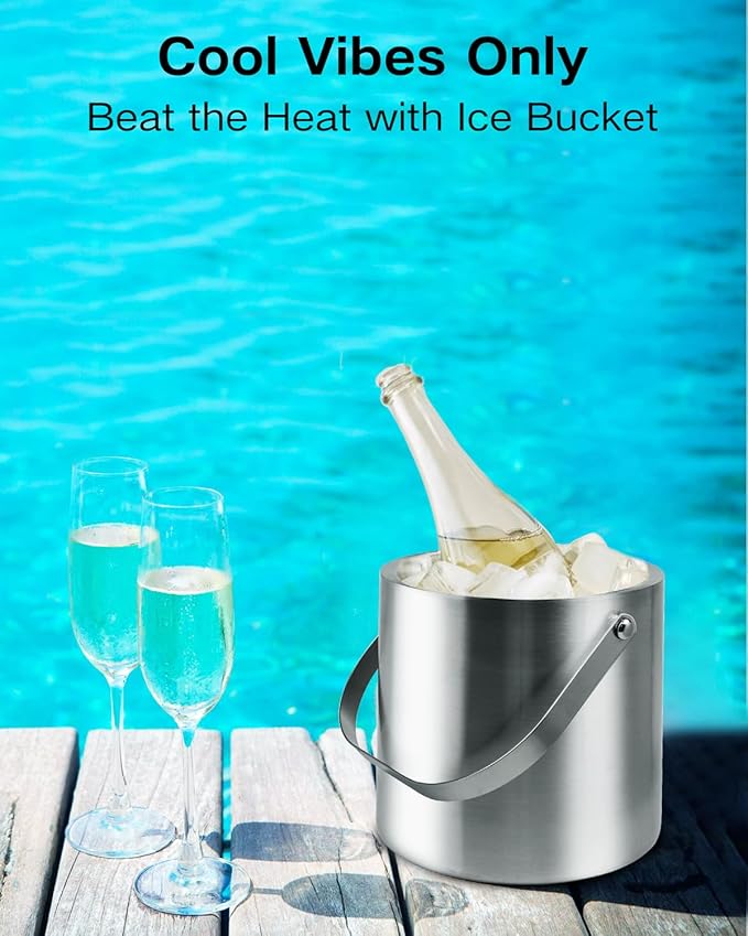 3L Double Wall Ice Bucket with Silicone Lid, Tongs & Scoop Insulated Ice Buckets for Parties & Cocktail Bar,[Silicone Lid for Longer Ice] Large Wine Bar Bucket Stainless Champagne Chiller-Ruum Studio Home